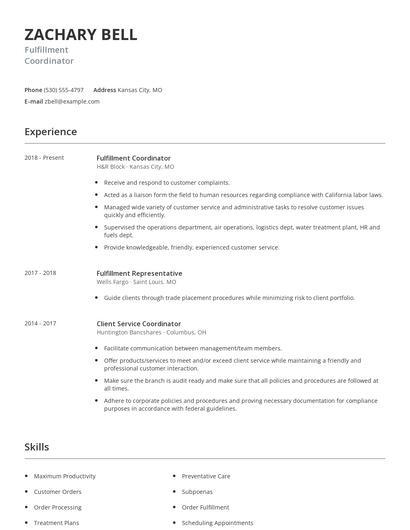 Fulfillment Coordinator Resume