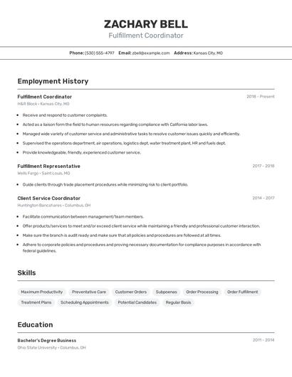 Fulfillment Coordinator Resume