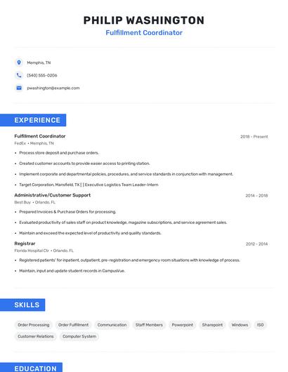 Fulfillment Coordinator Resume