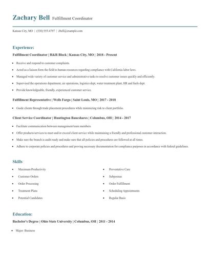 Fulfillment Coordinator Resume