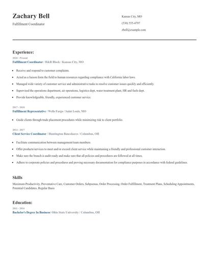 Fulfillment Coordinator Resume