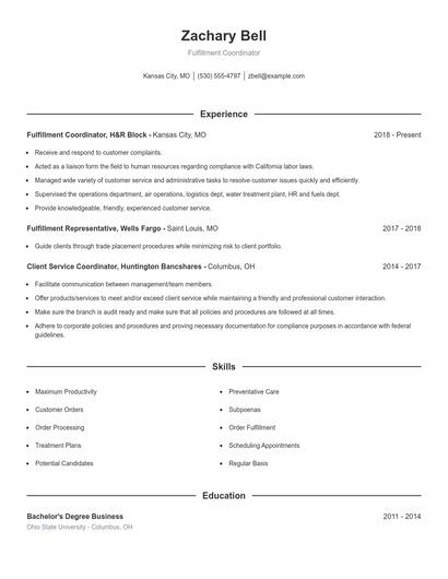 Fulfillment Coordinator Resume