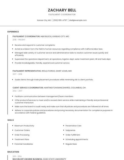 Fulfillment Coordinator Resume