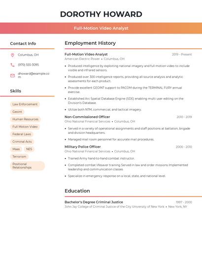 Full-Motion Video Analyst Resume