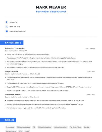Full-Motion Video Analyst Resume