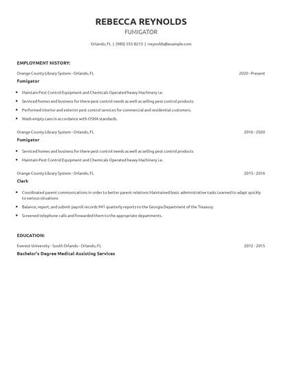 Fumigator Resume