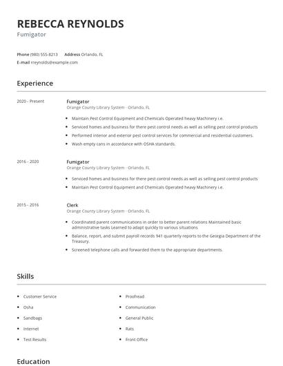 Fumigator Resume