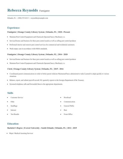 Fumigator Resume