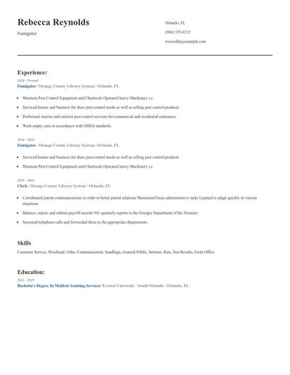 Fumigator Resume