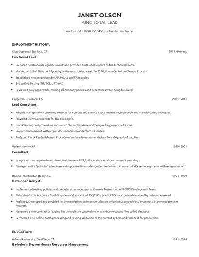 Functional Lead Resume