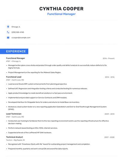 Functional Manager Resume