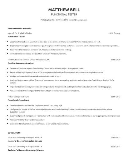 Functional Tester Resume