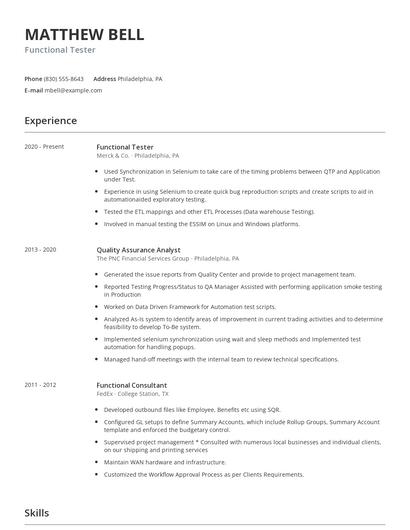 Functional Tester Resume