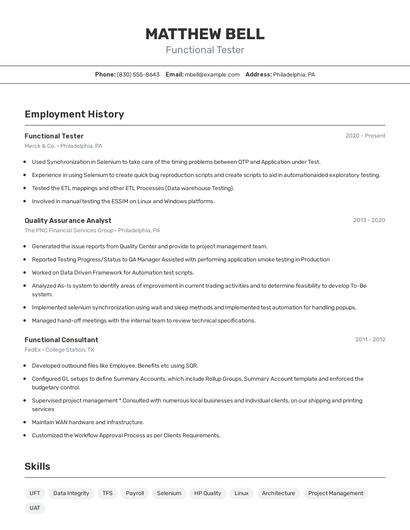 Functional Tester Resume