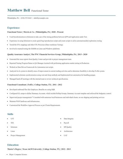 Functional Tester Resume