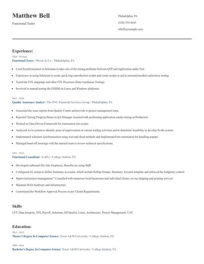 Functional Tester Resume