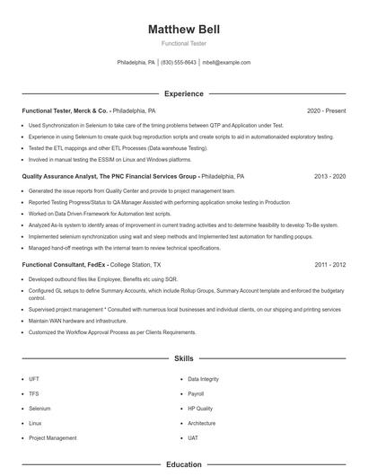 Functional Tester Resume