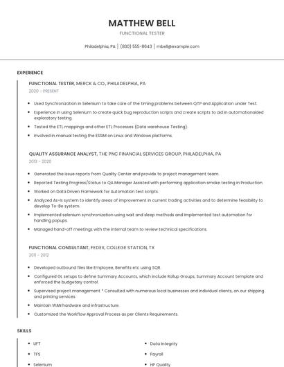 Functional Tester Resume
