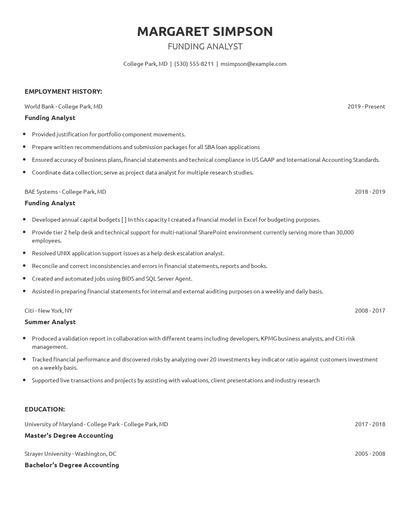 Funding Analyst Resume