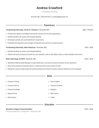 Fundraising Internship Resume
