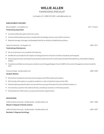 Fundraising Specialist Resume