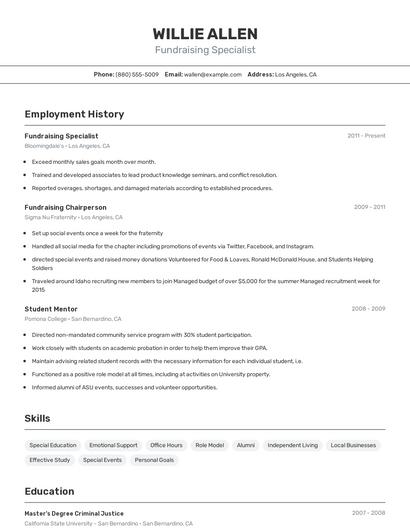 Fundraising Specialist Resume