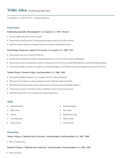 Fundraising Specialist Resume