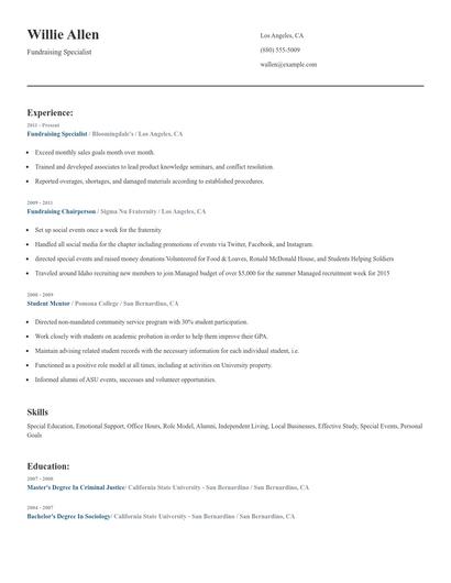 Fundraising Specialist Resume