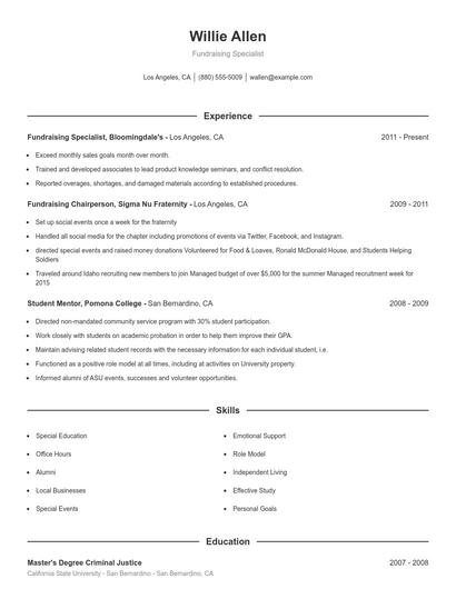 Fundraising Specialist Resume