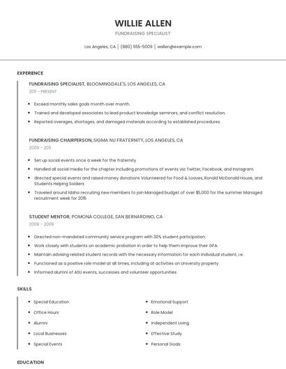 Fundraising Specialist Resume