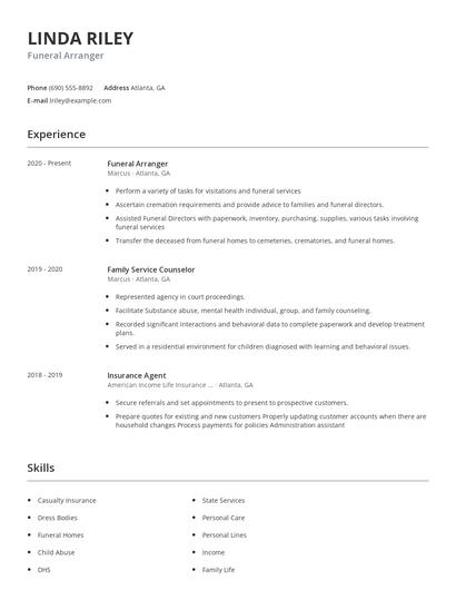 Funeral Arranger Resume