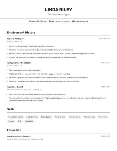 Funeral Arranger Resume