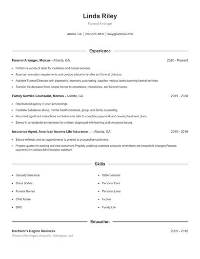 Funeral Arranger Resume
