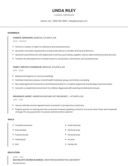 Funeral Arranger Resume