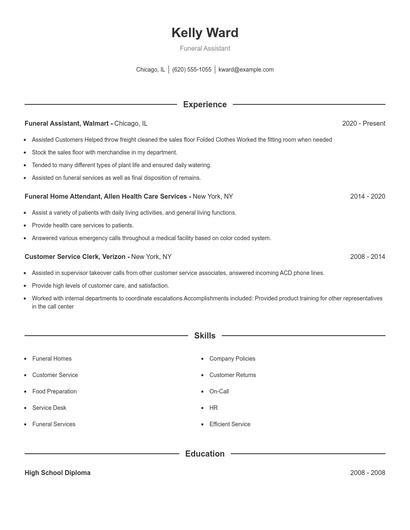 Funeral Assistant Resume