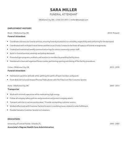Funeral Attendant Resume