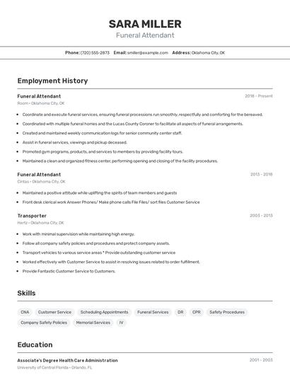 Funeral Attendant Resume