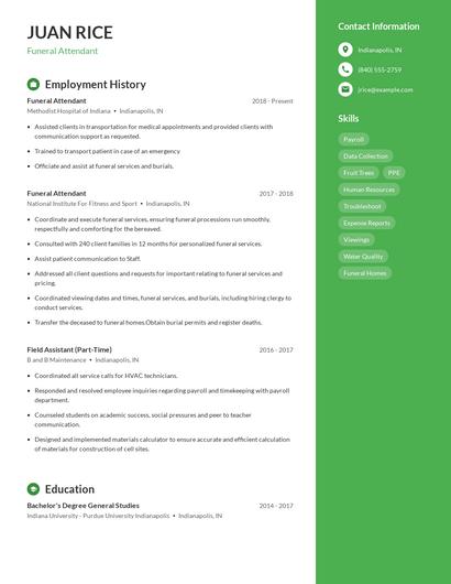 Funeral Attendant Resume