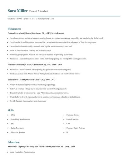 Funeral Attendant Resume