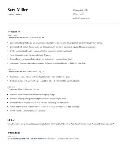 Funeral Attendant Resume