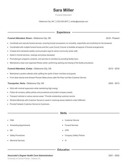 Funeral Attendant Resume