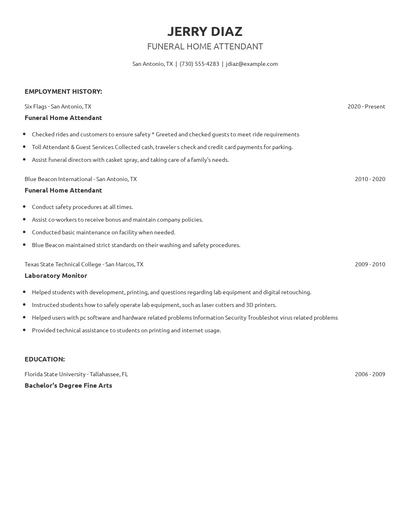 Funeral Home Attendant Resume
