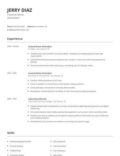 Funeral Home Attendant Resume