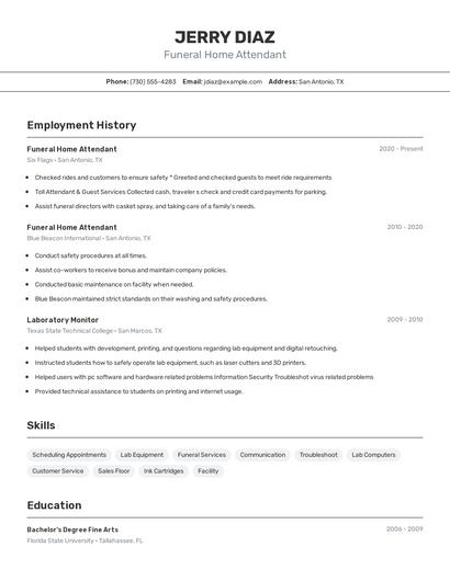 Funeral Home Attendant Resume