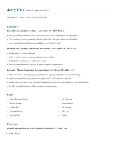 Funeral Home Attendant Resume
