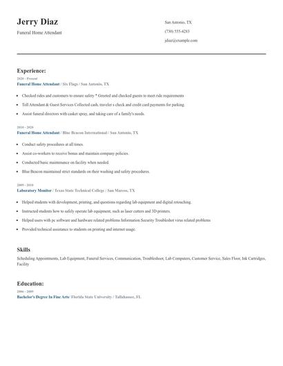 Funeral Home Attendant Resume
