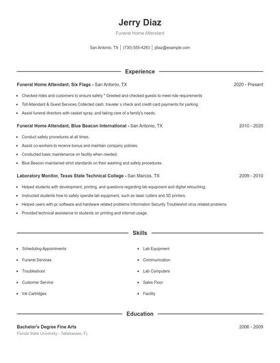 Funeral Home Attendant Resume
