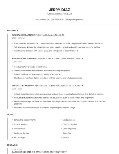 Funeral Home Attendant Resume