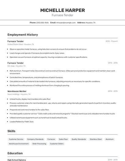 Furnace Tender Resume