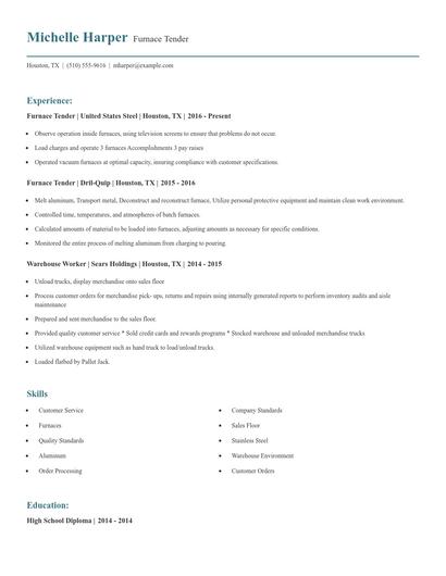 Furnace Tender Resume